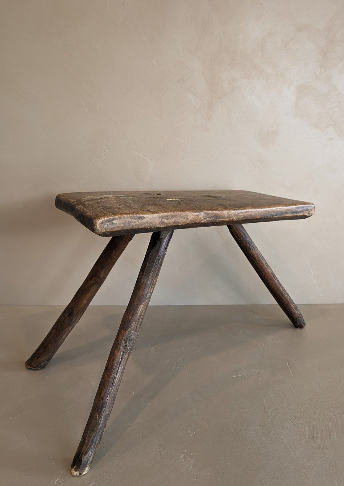 Primitive European Three-Legged Wooden Stool with Slanted Top