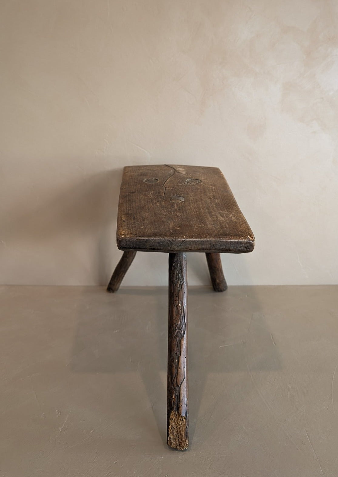 Primitive European Three-Legged Wooden Stool with Slanted Top