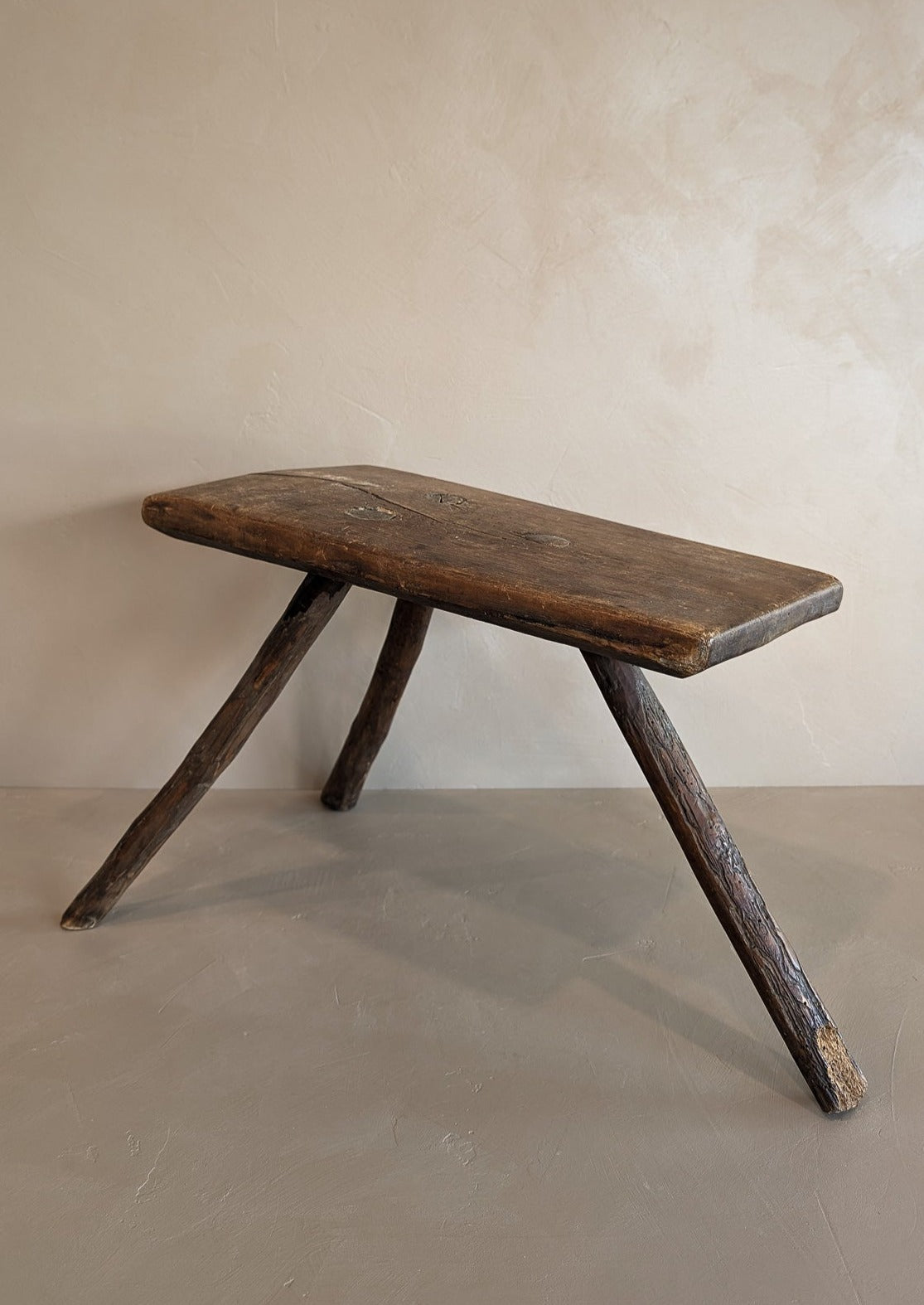 Primitive European Three-Legged Wooden Stool with Slanted Top