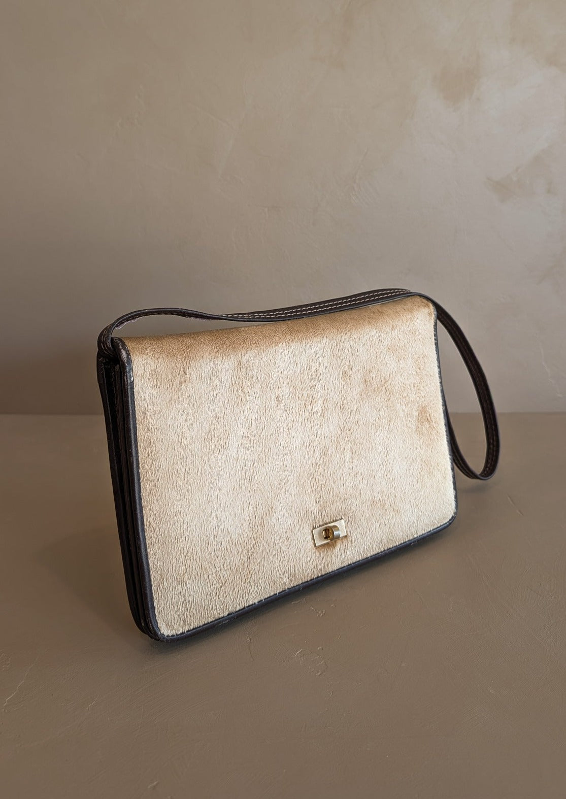 Structured Vintage Uruguayan Fur Purse with Petite Brass Clasp and Removable Strap