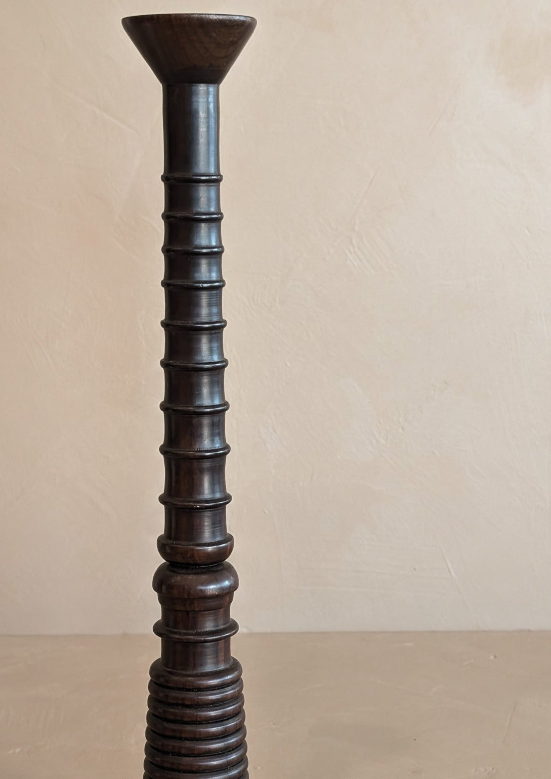 Dark Handmade Wooden Bobbin-Style Candlestick #2