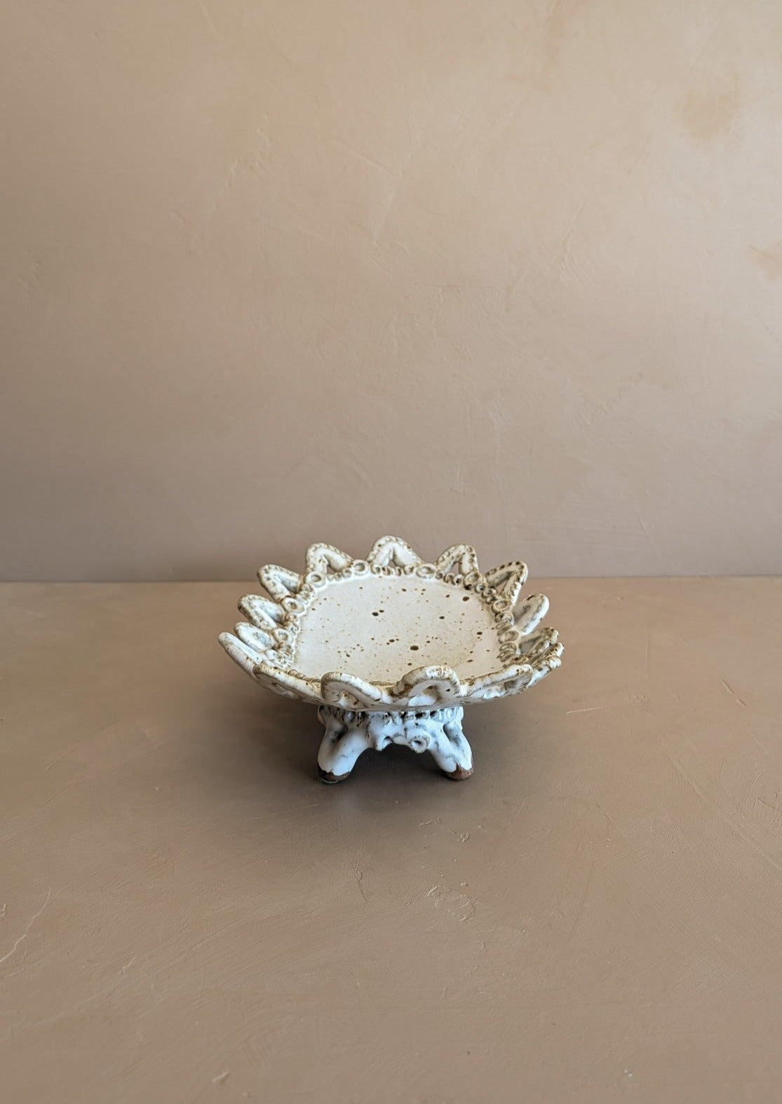 Unique Neutral Speckled Signed Studio Pottery Footed Tray