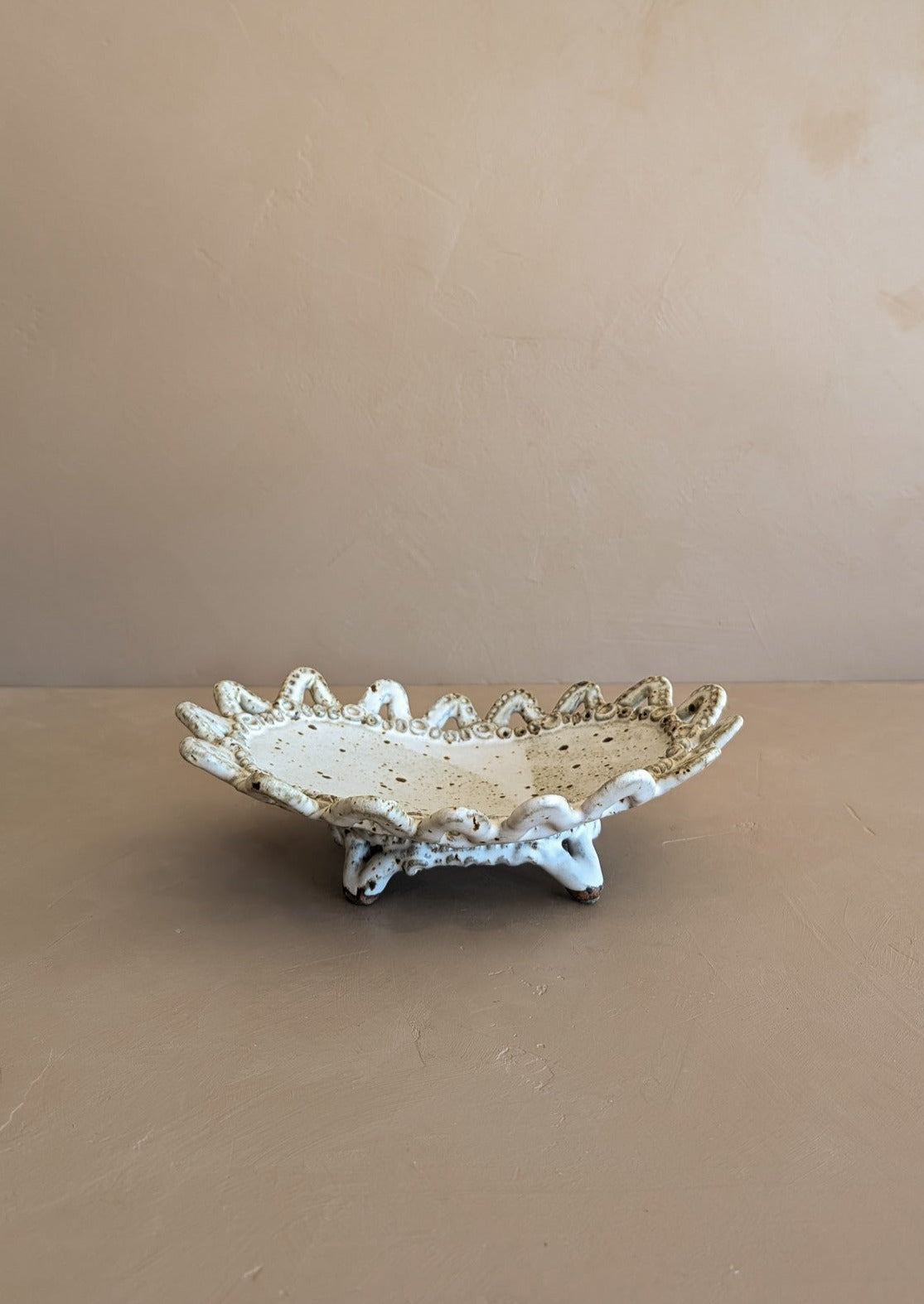 Unique Neutral Speckled Signed Studio Pottery Footed Tray