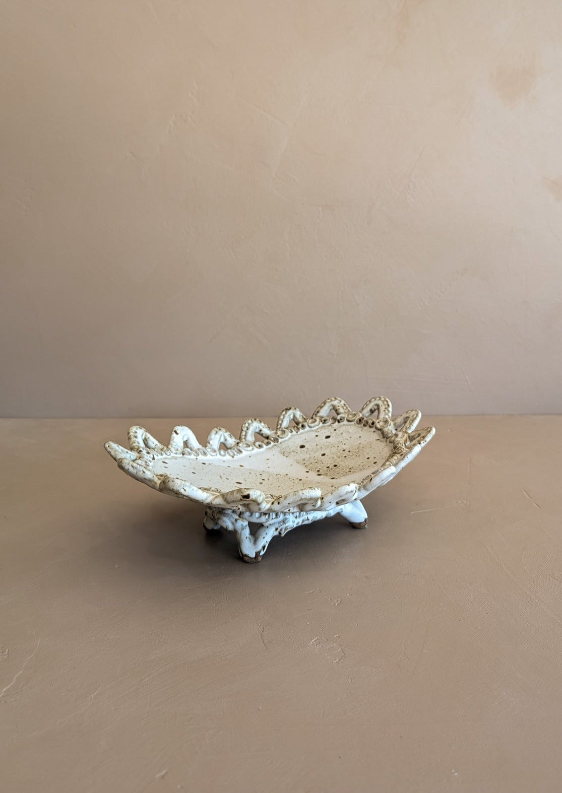 Unique Neutral Speckled Signed Studio Pottery Footed Tray