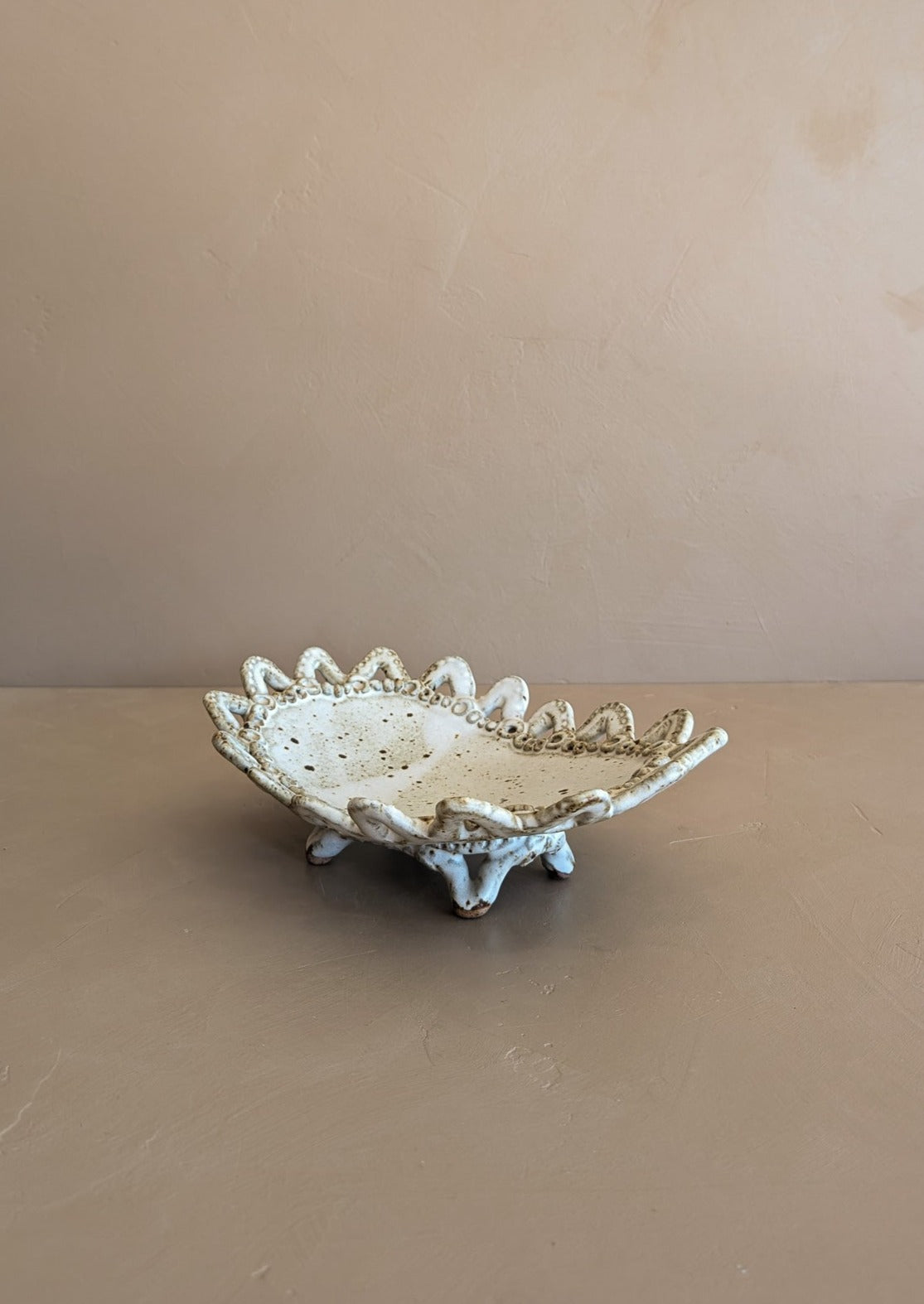 Unique Neutral Speckled Signed Studio Pottery Footed Tray