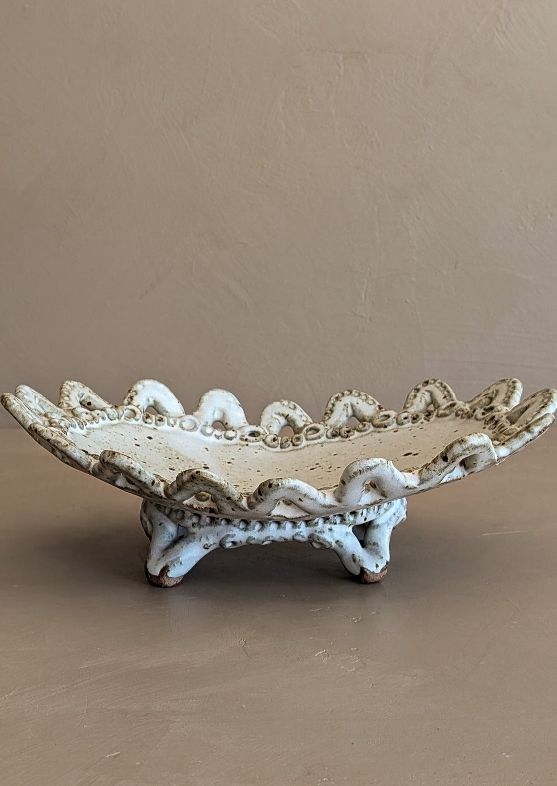 Unique Neutral Speckled Signed Studio Pottery Footed Tray