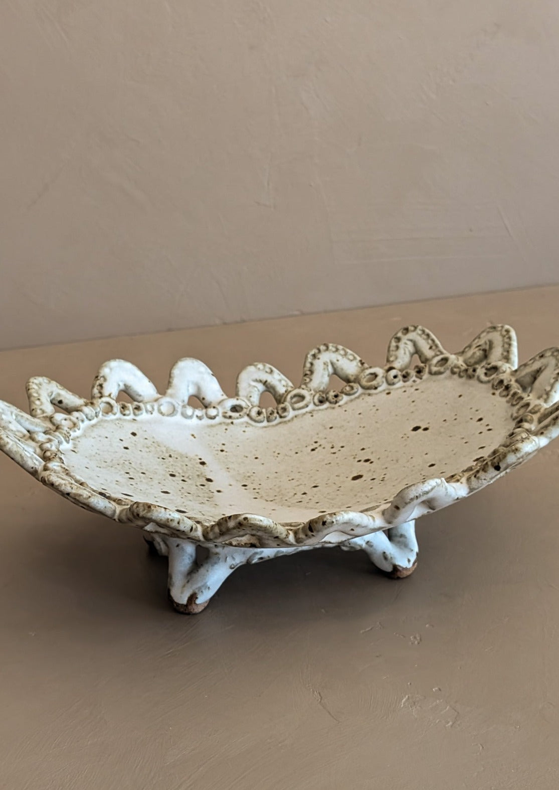 Unique Neutral Speckled Signed Studio Pottery Footed Tray