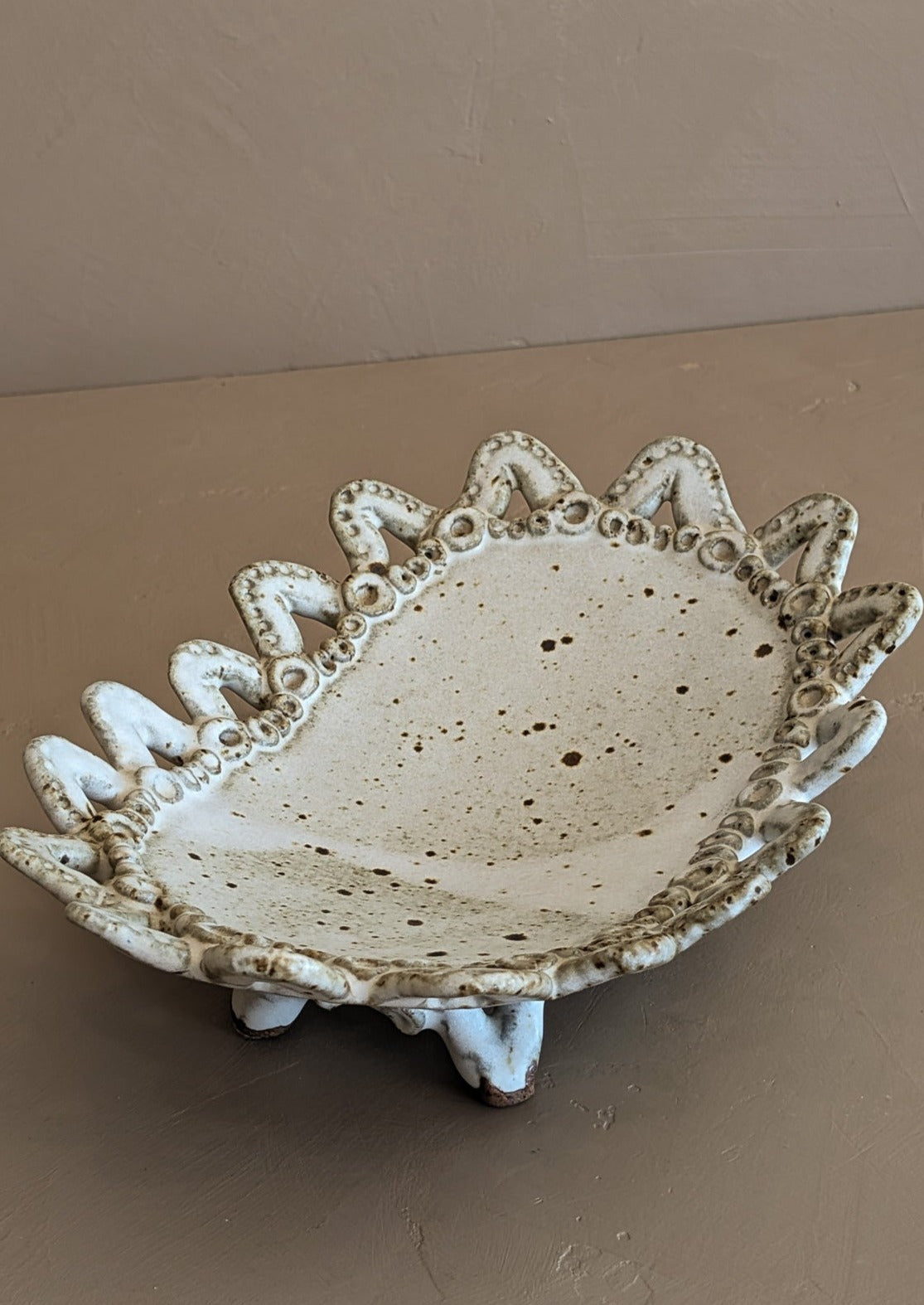 Unique Neutral Speckled Signed Studio Pottery Footed Tray