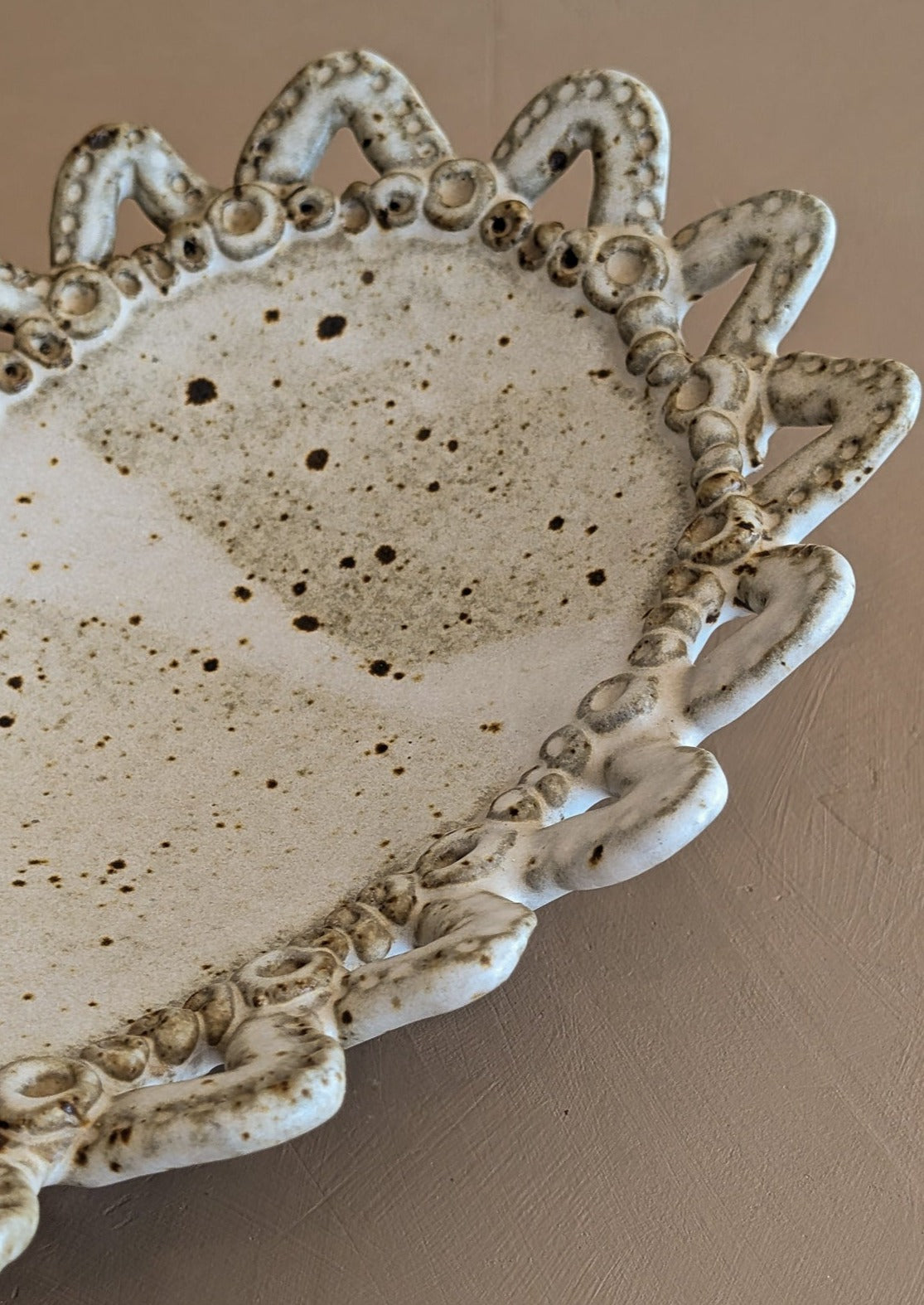 Unique Neutral Speckled Signed Studio Pottery Footed Tray