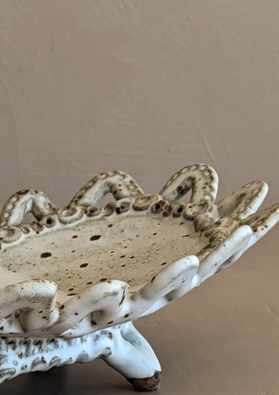 Unique Neutral Speckled Signed Studio Pottery Footed Tray