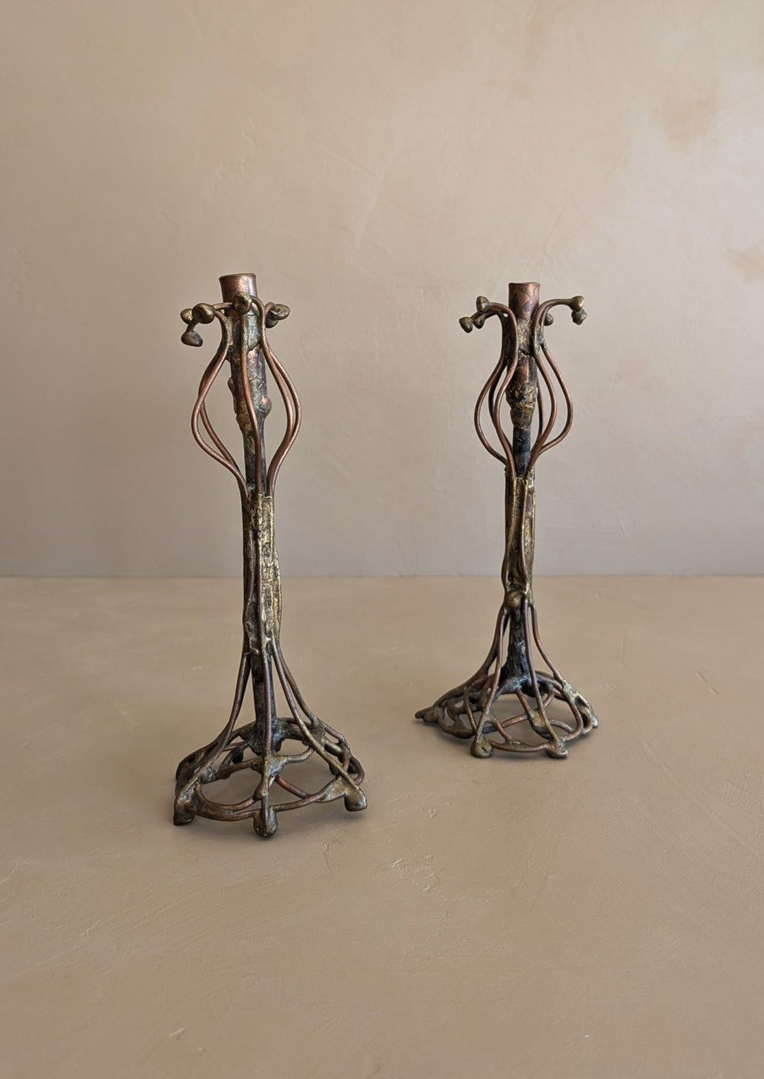 Pair of Vintage Signed Helen Burke Brutalist Copper and Brass Candlesticks