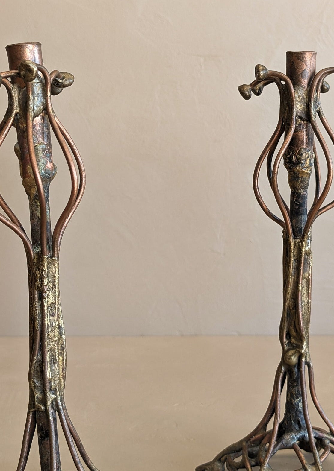 Pair of Vintage Signed Helen Burke Brutalist Copper and Brass Candlesticks