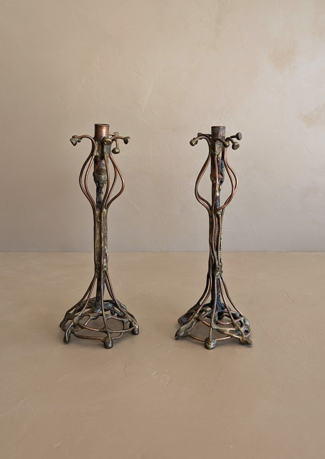 Pair of Vintage Signed Helen Burke Brutalist Copper and Brass Candlesticks