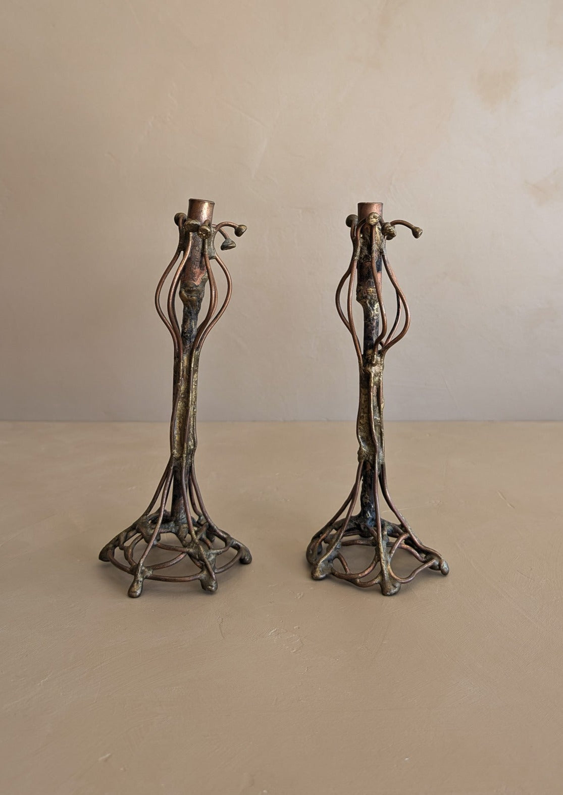 Pair of Vintage Signed Helen Burke Brutalist Copper and Brass Candlesticks