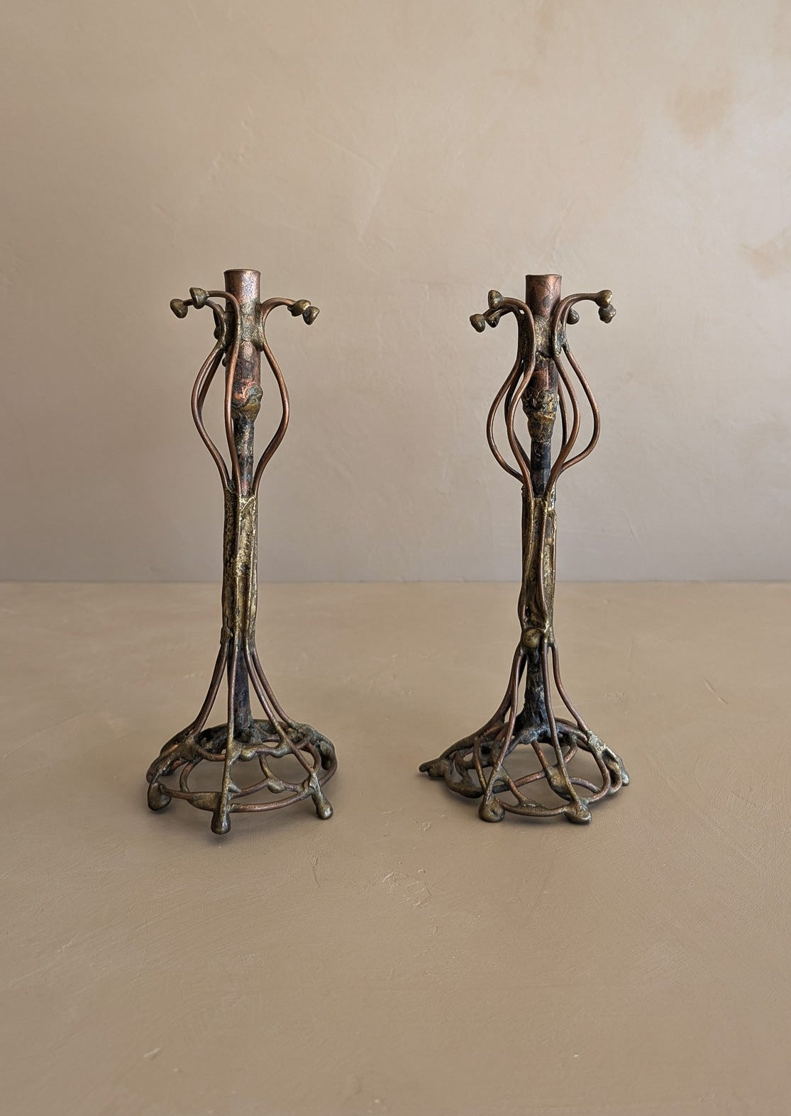 Pair of Vintage Signed Helen Burke Brutalist Copper and Brass Candlesticks