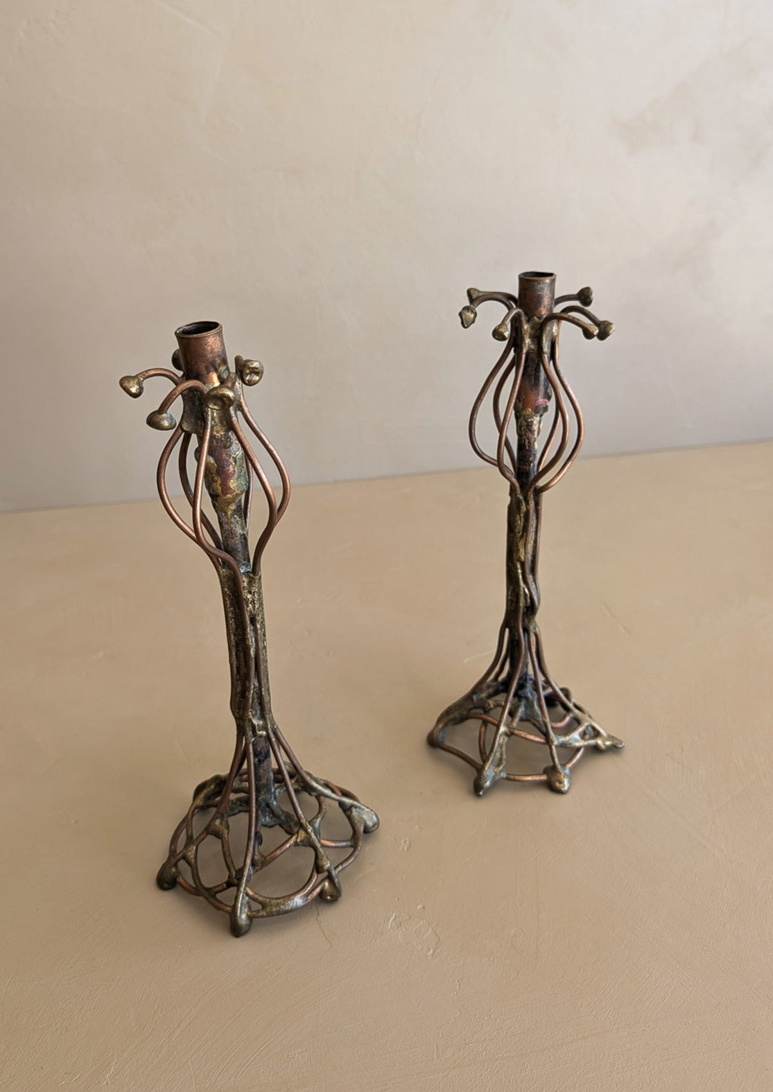 Pair of Vintage Signed Helen Burke Brutalist Copper and Brass Candlesticks