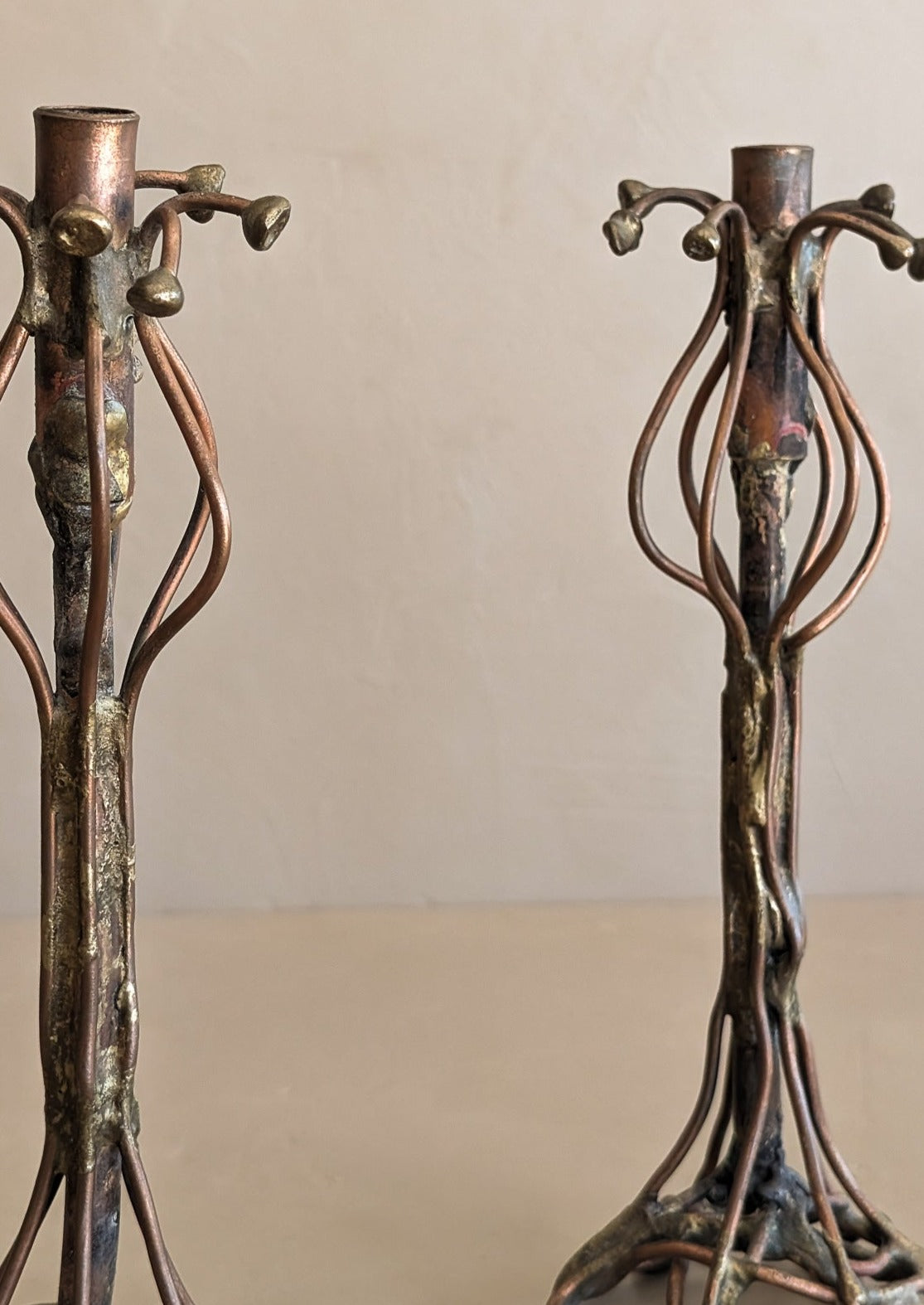 Pair of Vintage Signed Helen Burke Brutalist Copper and Brass Candlesticks