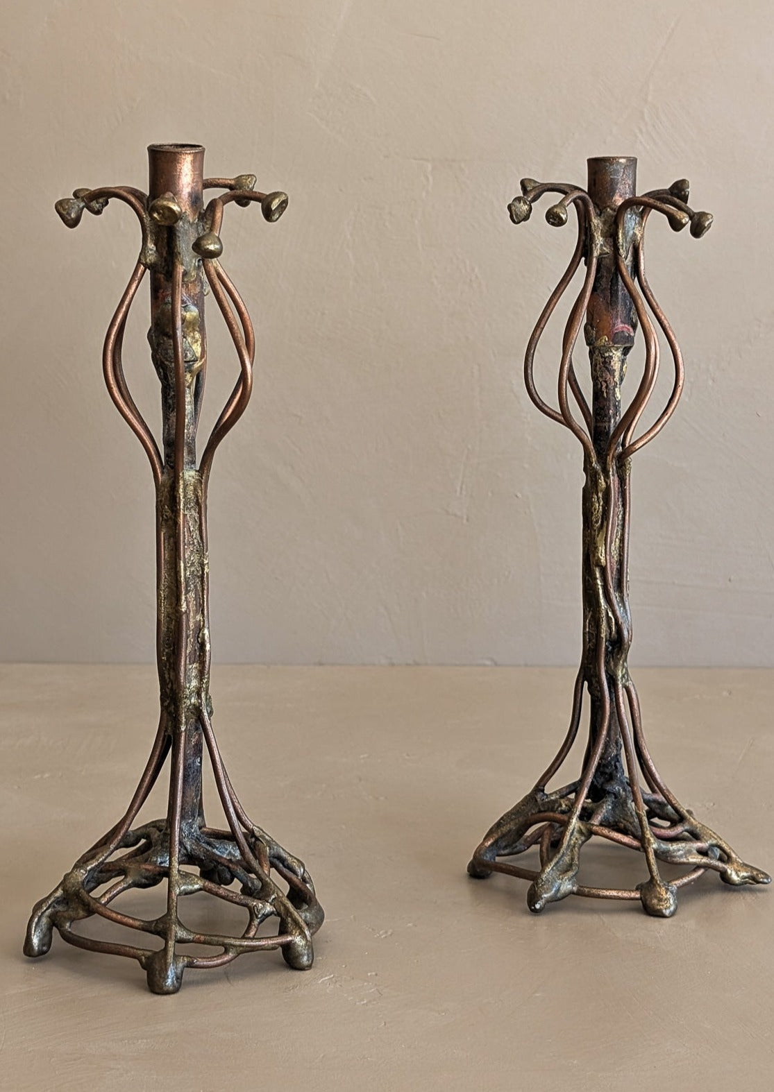 Pair of Vintage Signed Helen Burke Brutalist Copper and Brass Candlesticks