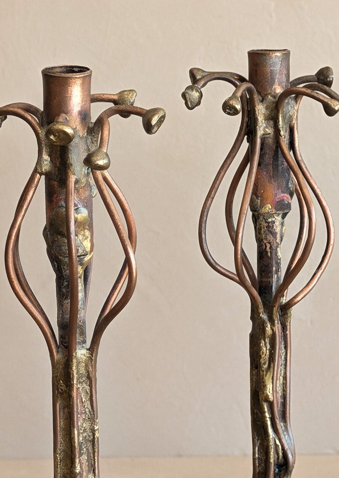 Pair of Vintage Signed Helen Burke Brutalist Copper and Brass Candlesticks