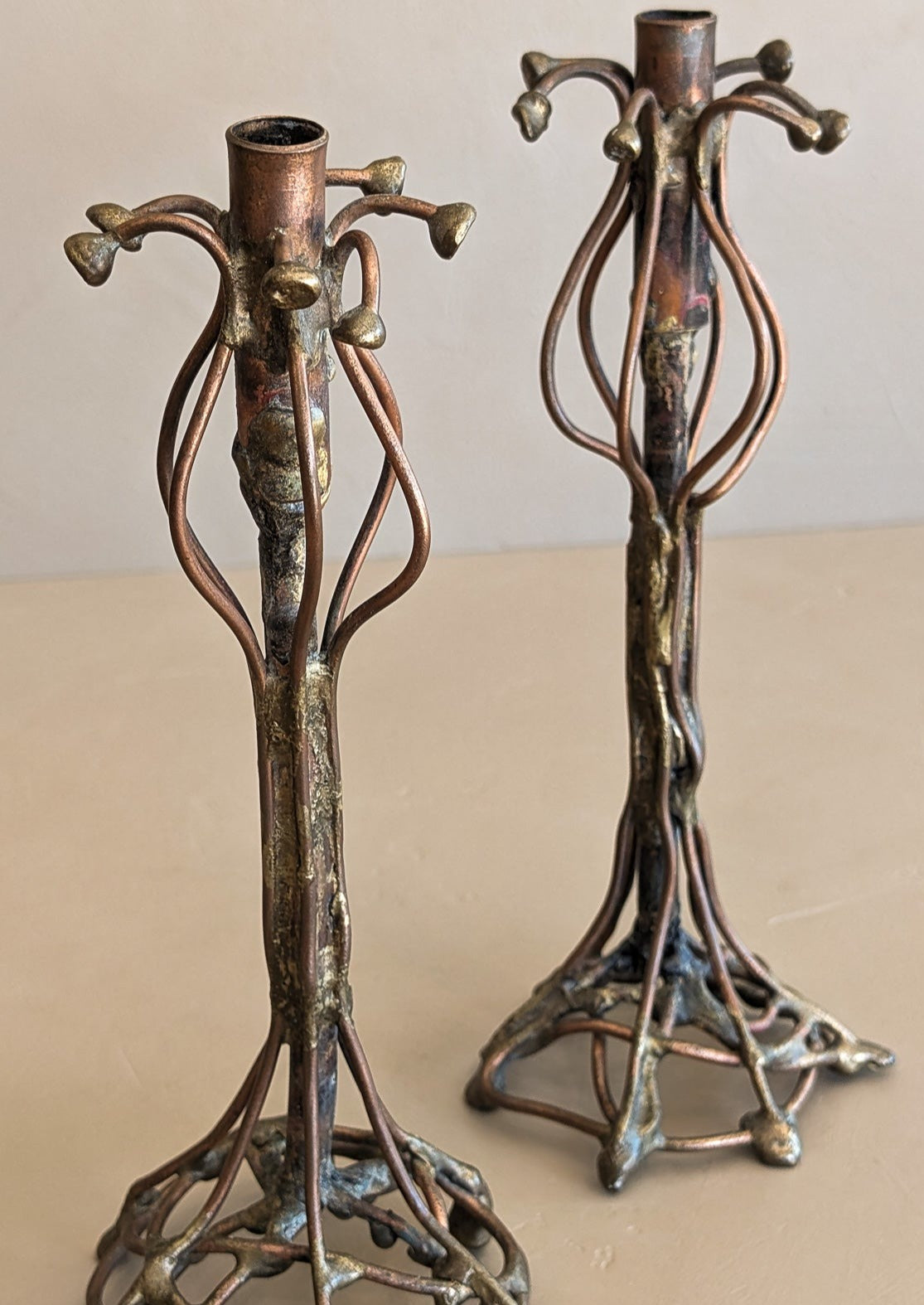 Pair of Vintage Signed Helen Burke Brutalist Copper and Brass Candlesticks