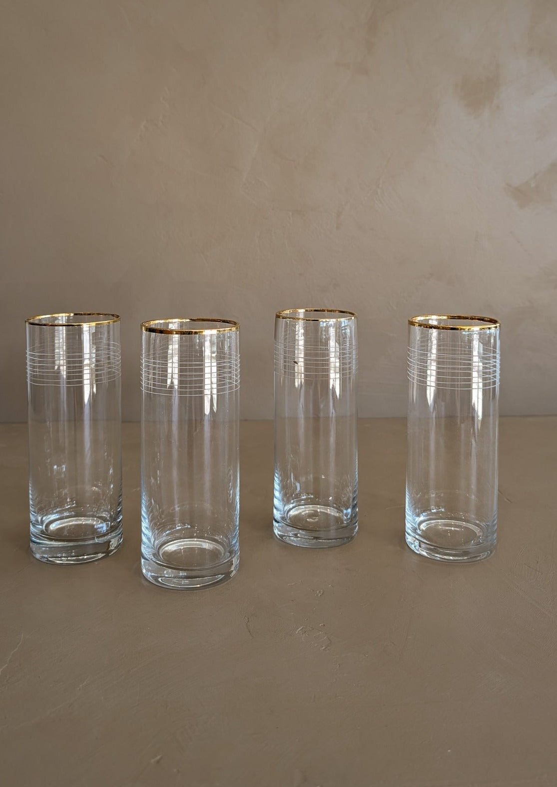 Set of 4 Vintage Gold-Rimmed Highball Glasses with Etched Striping Detail