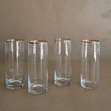 Set of 4 Vintage Gold-Rimmed Highball Glasses with Etched Striping Detail