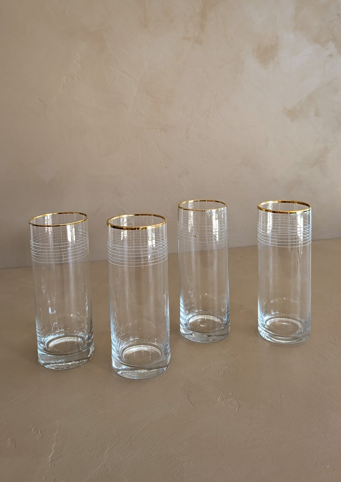 Set of 4 Vintage Gold-Rimmed Highball Glasses with Etched Striping Detail