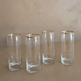 Set of 4 Vintage Gold-Rimmed Highball Glasses with Etched Striping Detail