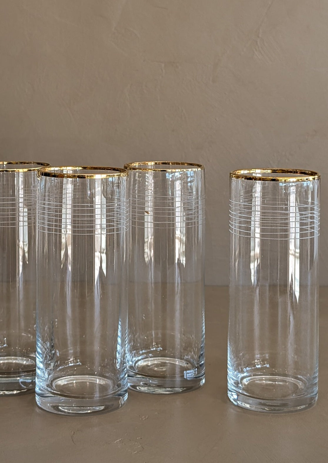 Set of 4 Vintage Gold-Rimmed Highball Glasses with Etched Striping Detail