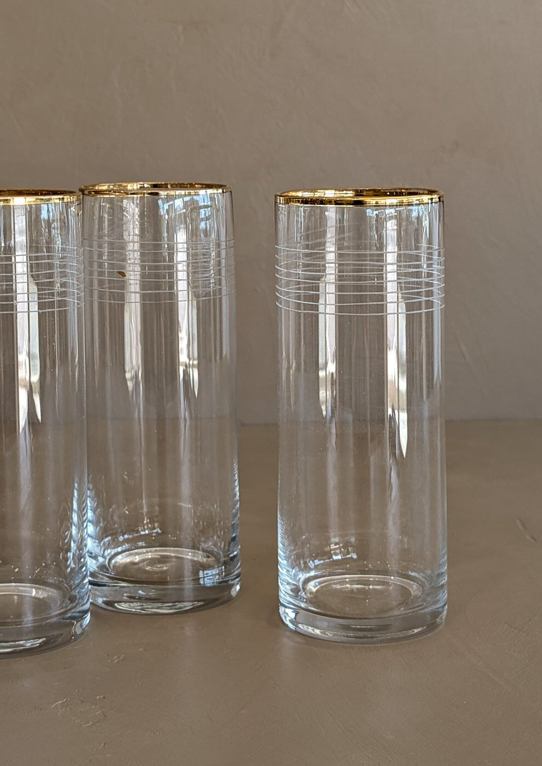 Set of 4 Vintage Gold-Rimmed Highball Glasses with Etched Striping Detail