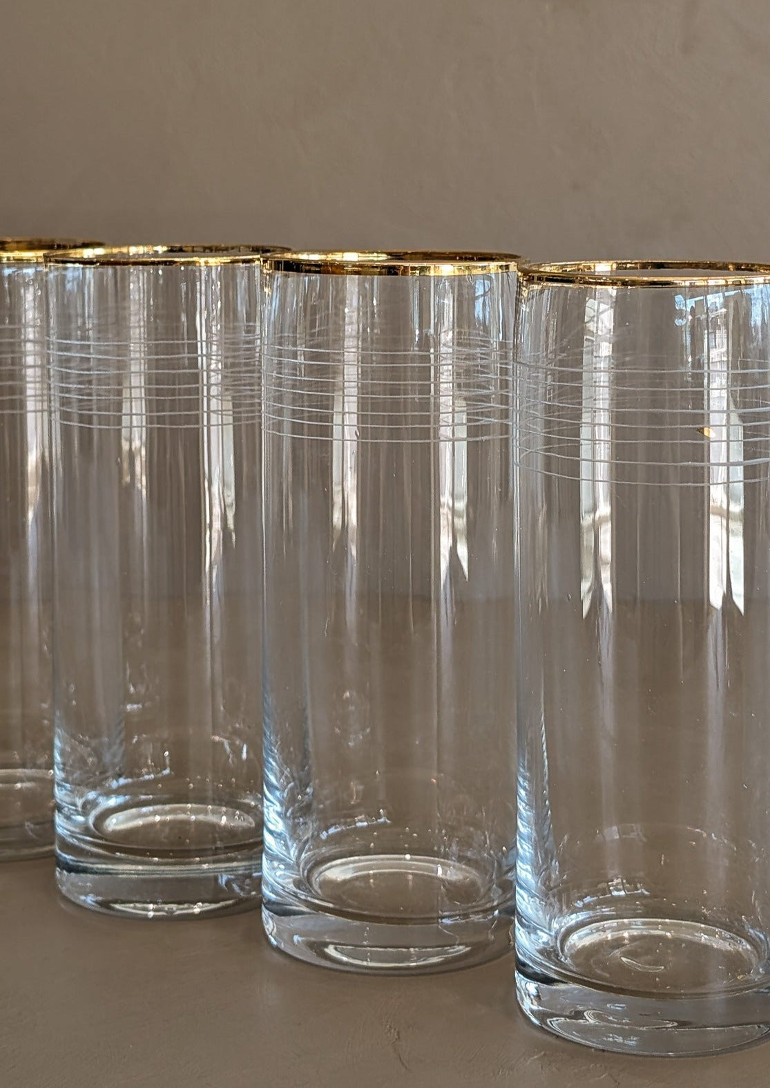 Set of 4 Vintage Gold-Rimmed Highball Glasses with Etched Striping Detail