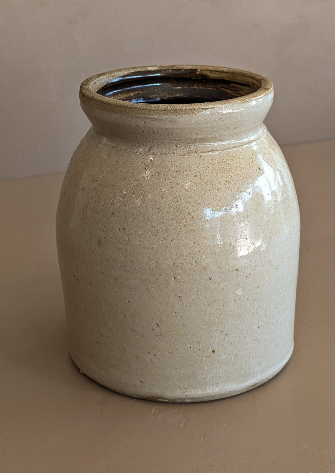 Antique Salt-Glazed Crock with Brown Interior