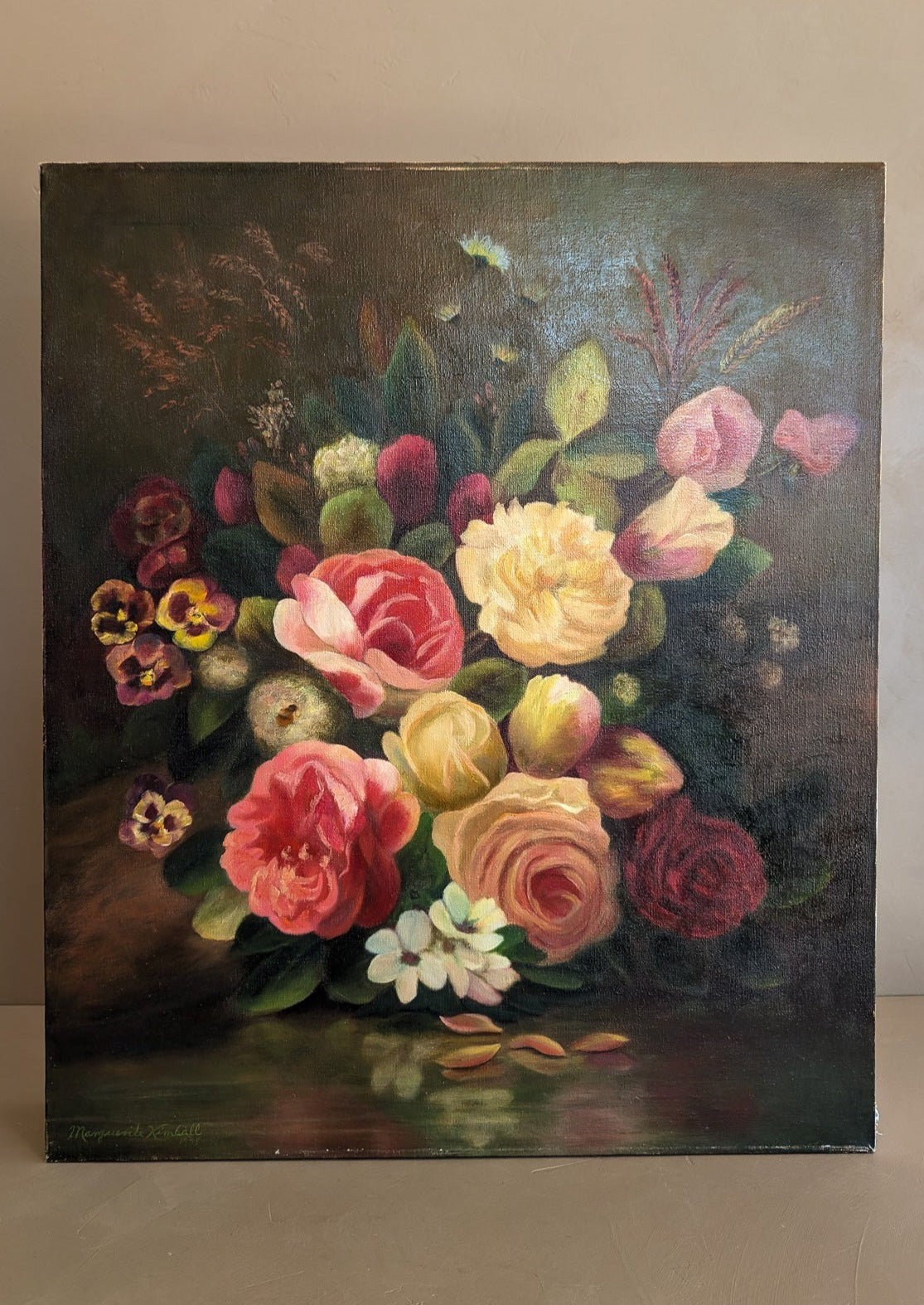 Signed 1975 Vintage Original Floral Still Life Oil Painting by Marguerite Kimball