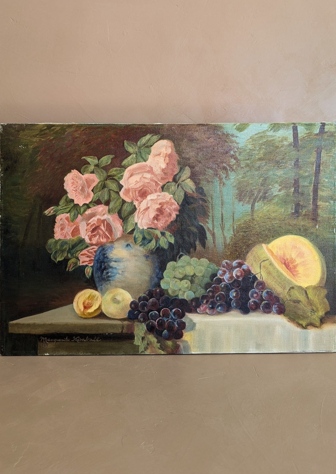 Signed 1969 Vintage Original Fruit and Floral Still Life Oil Painting by Marguerite Kimball