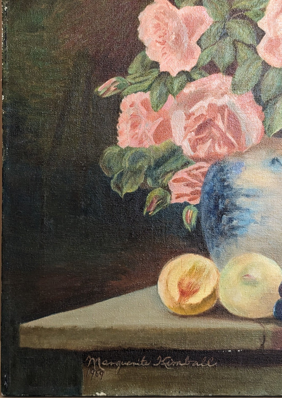 Signed 1969 Vintage Original Fruit and Floral Still Life Oil Painting by Marguerite Kimball