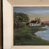 Signed and Framed July 1958 Original "Sunrise at the Lake" Folk Art Landscape Painting by Eleanor Rieck