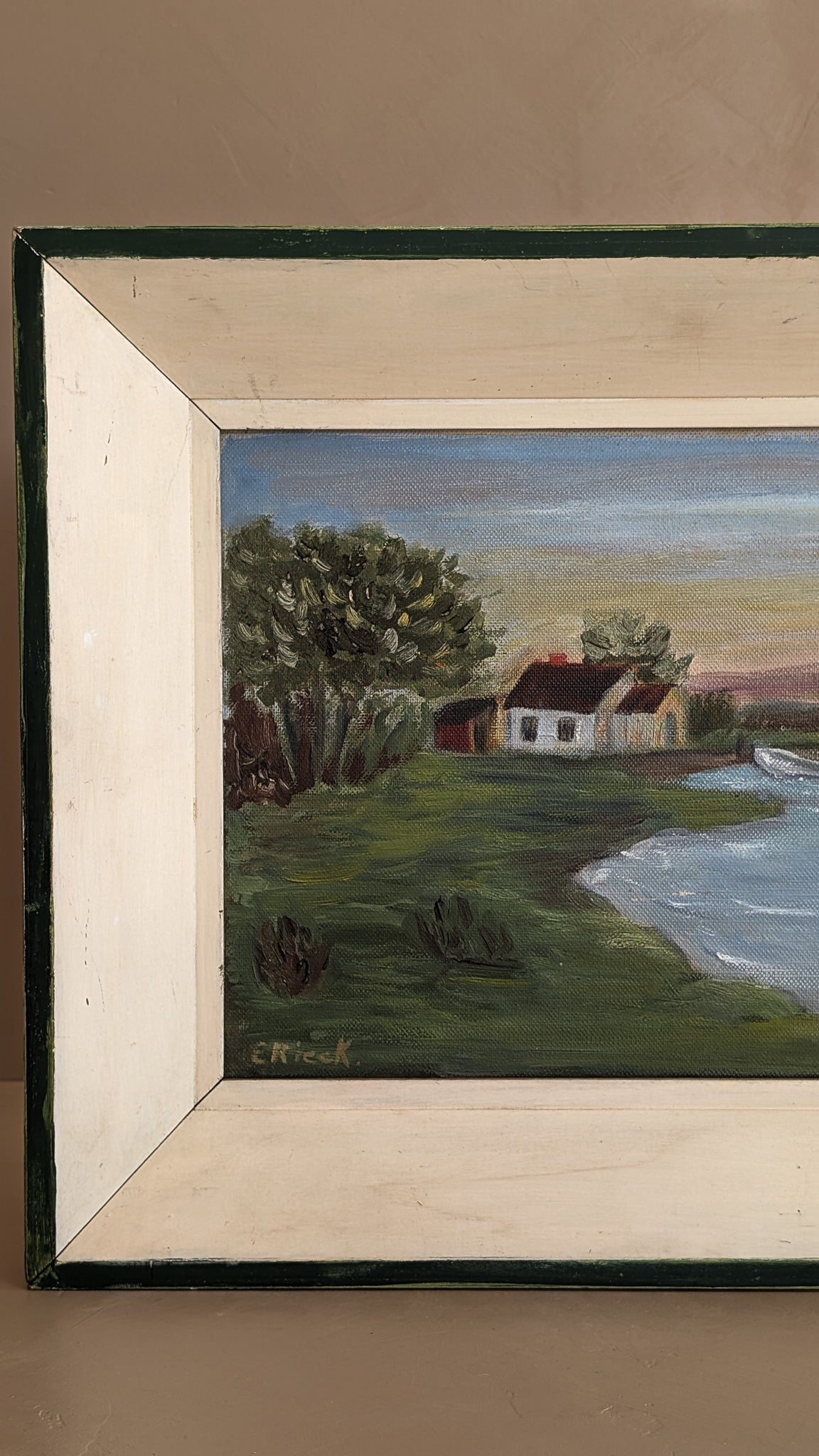 Signed and Framed July 1958 Original "Sunrise at the Lake" Folk Art Landscape Painting by Eleanor Rieck