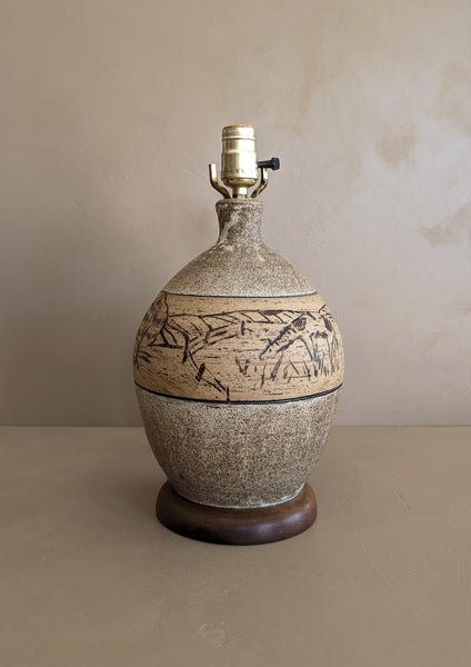 Signed Vintage Folk Art Etched Studio Pottery Lamp with Wooden