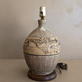 Signed Vintage Folk Art Etched Studio Pottery Lamp with Wooden Base