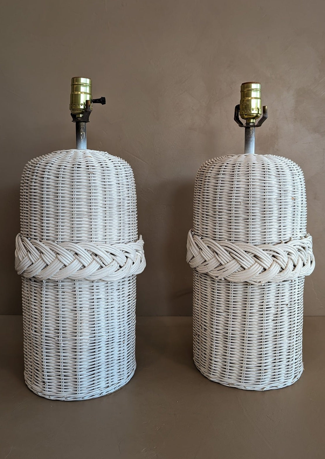 Pair of Vintage White Woven Wicker Lamps with Braided Detailing