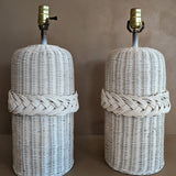 Pair of Vintage White Woven Wicker Lamps with Braided Detailing