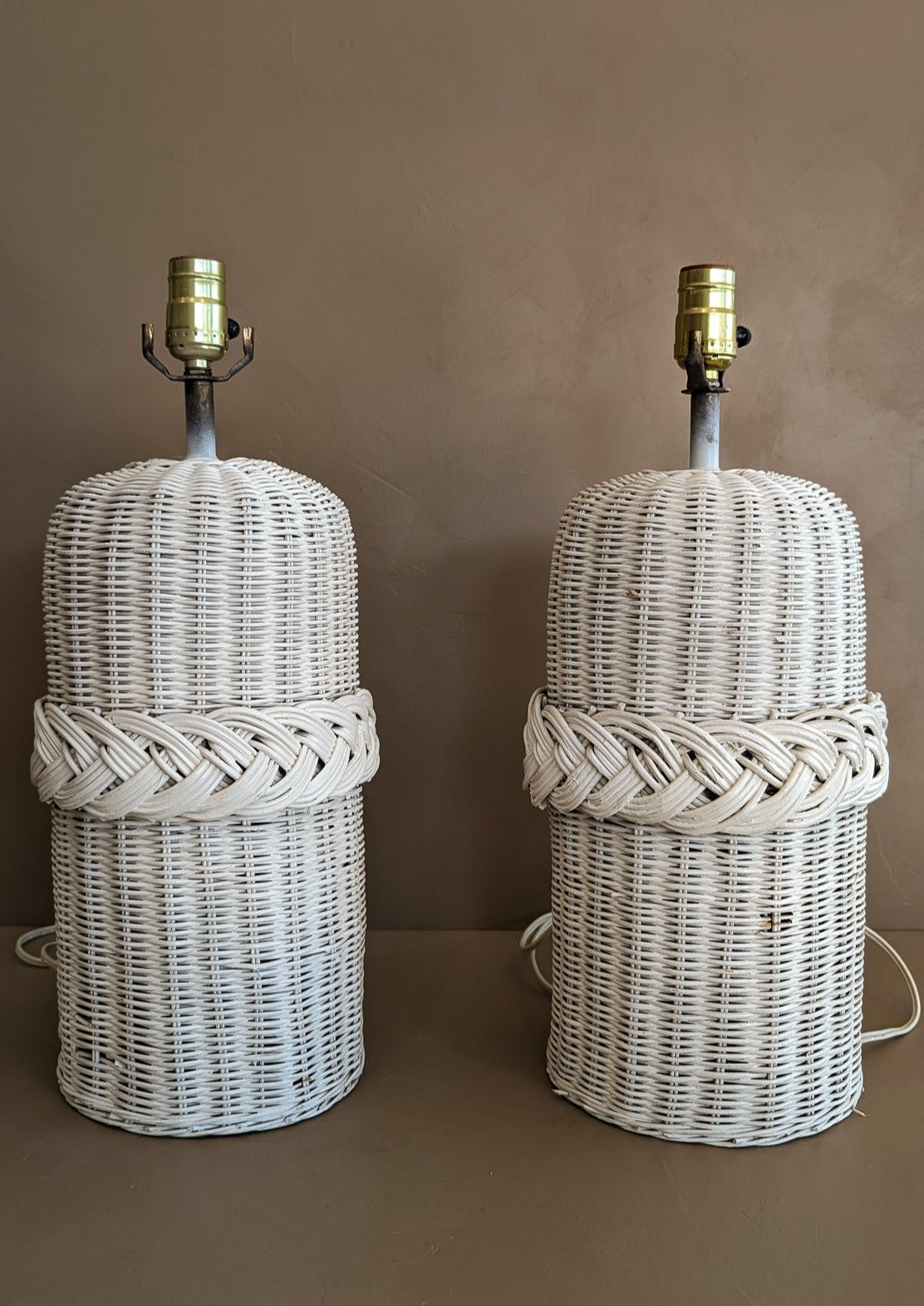 Pair of Vintage White Woven Wicker Lamps with Braided Detailing