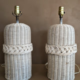 Pair of Vintage White Woven Wicker Lamps with Braided Detailing