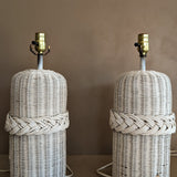 Pair of Vintage White Woven Wicker Lamps with Braided Detailing