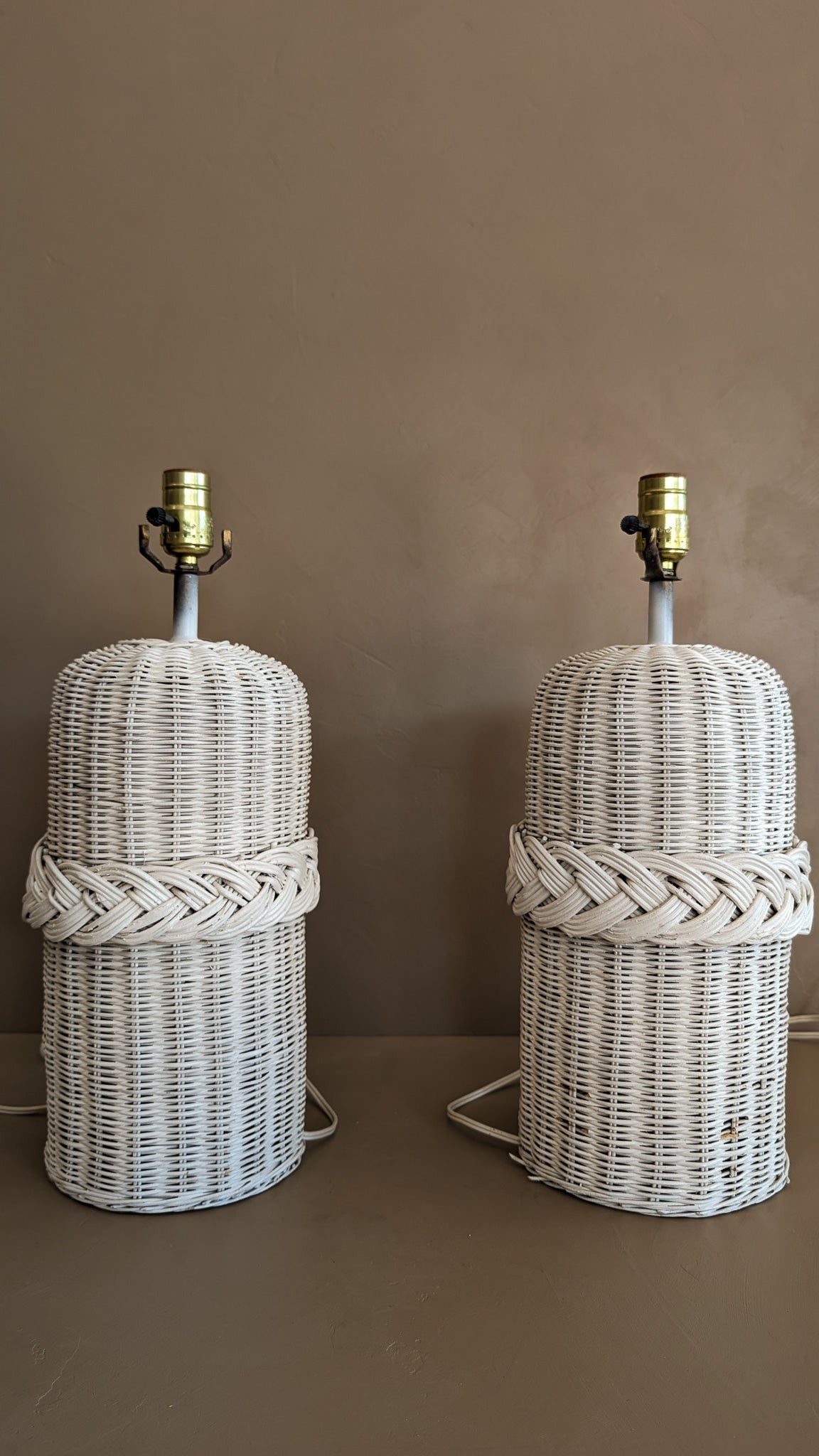 Pair of Vintage White Woven Wicker Lamps with Braided Detailing