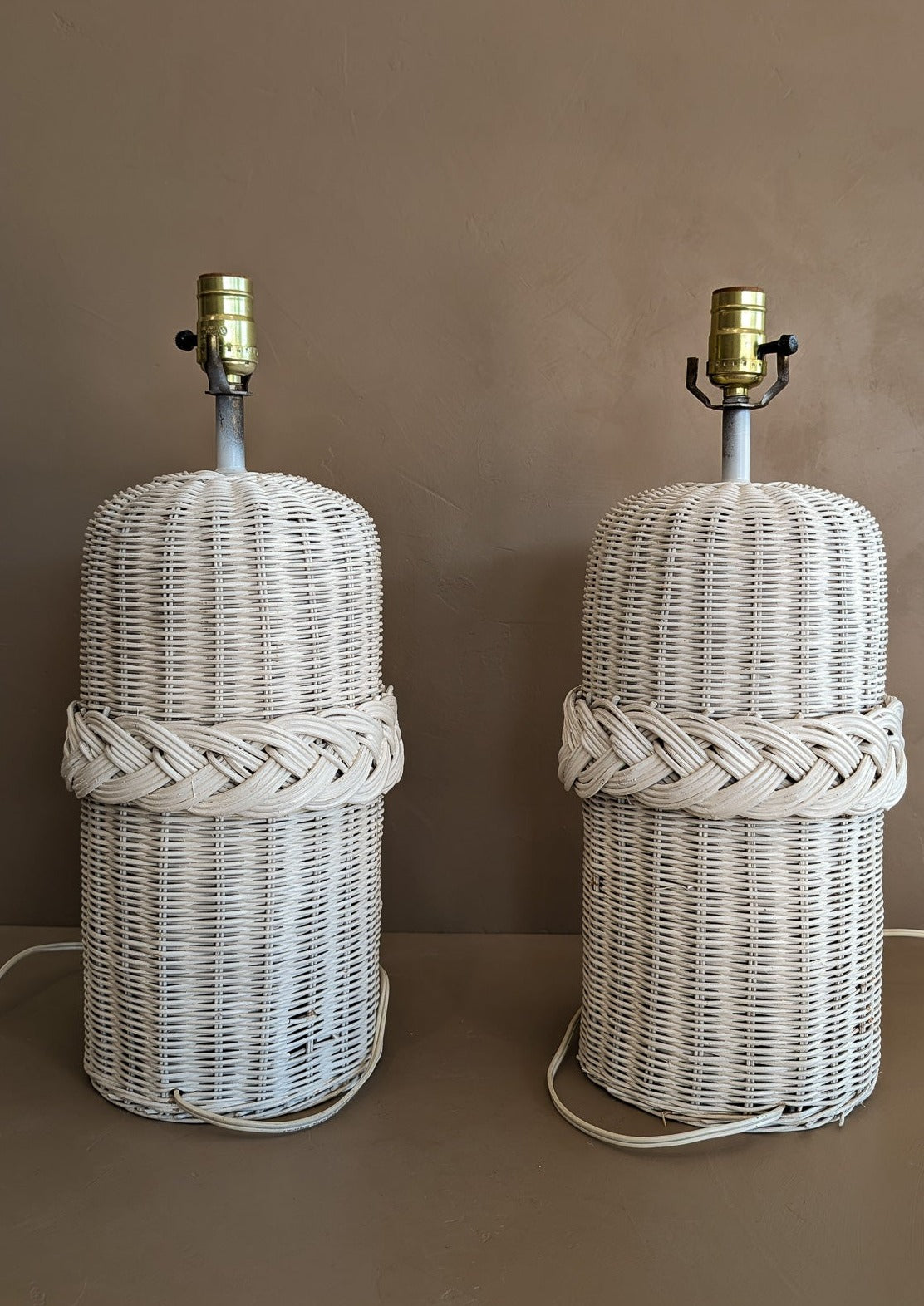 Pair of Vintage White Woven Wicker Lamps with Braided Detailing