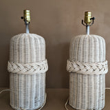 Pair of Vintage White Woven Wicker Lamps with Braided Detailing