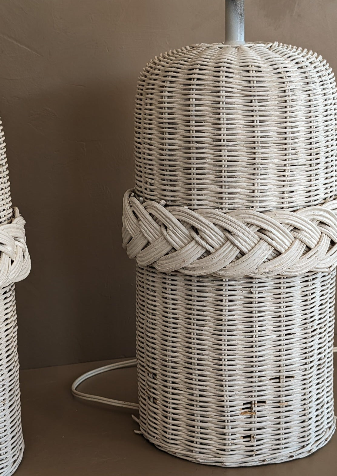 Pair of Vintage White Woven Wicker Lamps with Braided Detailing