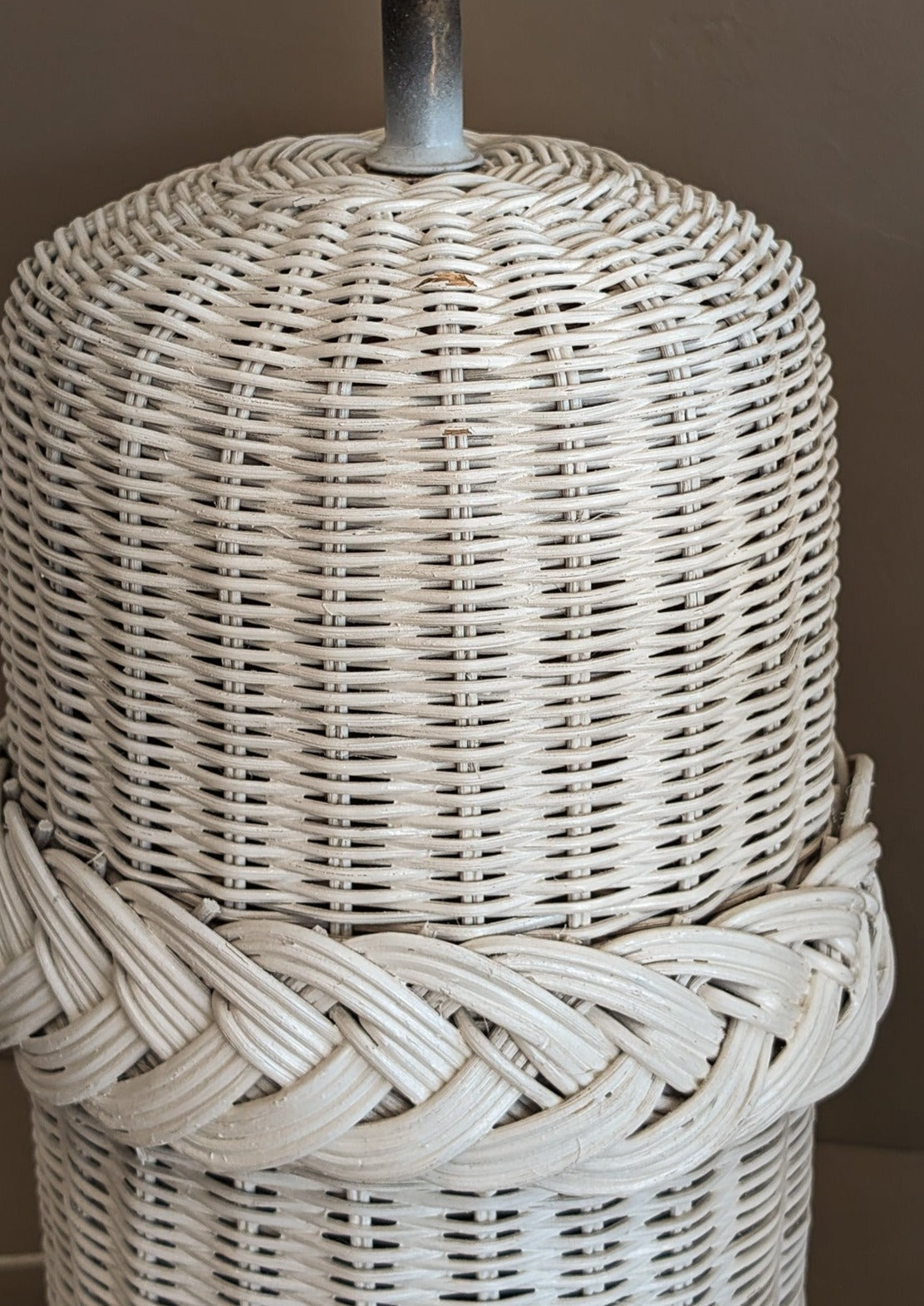 Pair of Vintage White Woven Wicker Lamps with Braided Detailing