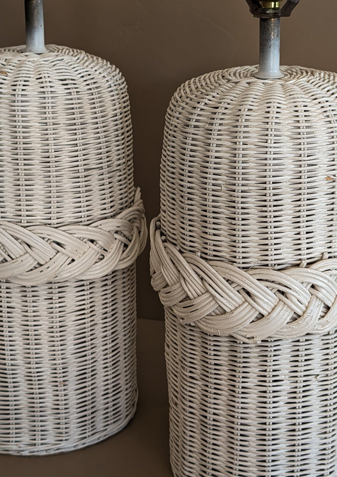 Pair of Vintage White Woven Wicker Lamps with Braided Detailing